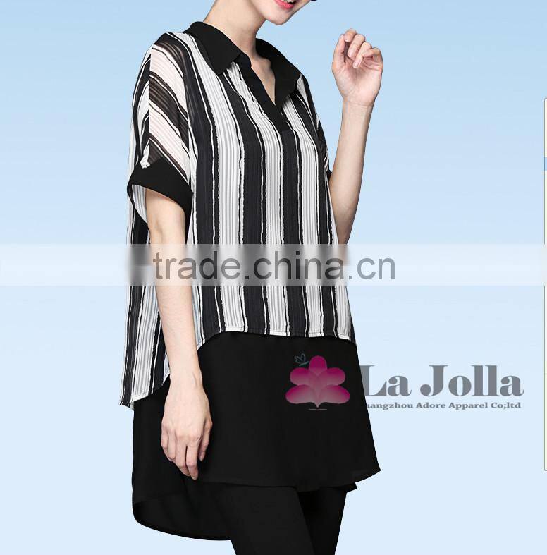 Lastest Summer Fashion White Black Stripes Short Sleeves False Two-piece Chiffon T-shirt 100