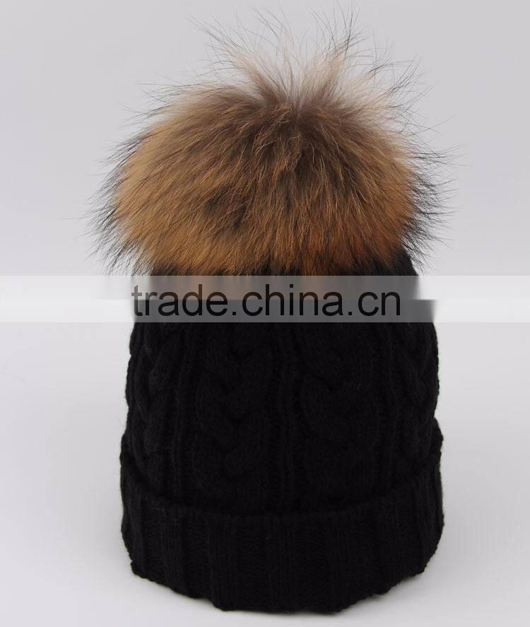 Custom Wool Knitted Racoon Fur Pom Pom Beanie Hat