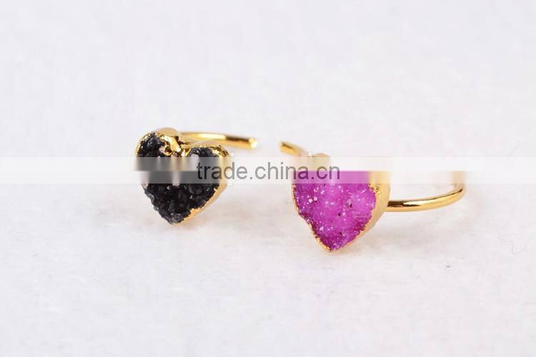 Gold plated natural rainbow heart druzy agate stone adjustable knuckle ring