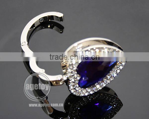 Blue Heart Crystal Rhinestones Fashion Lady Woman Hnadbag Hook Holder Foldable Alloy Metal Heart Bag Hanger