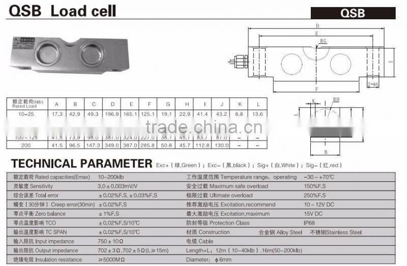 Alloy steel double ended shear beam load cell sensor(QSB)10-200klb