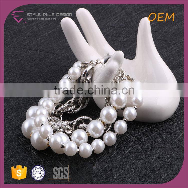 G66596K02 STYLE PLUS silver plate pearl design bracelet thick alloy chain imitation pearl bracelet for young girls