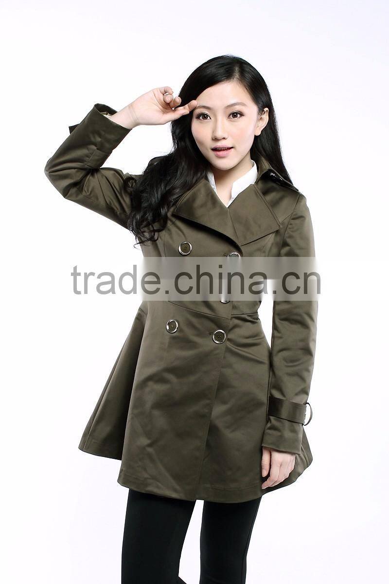 Women Wind Coats Turn Down Collar Double Breast Slim Trench Coat Green Navy Color