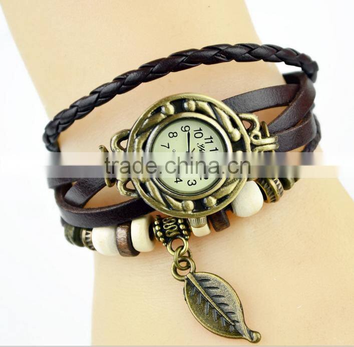 New Hot Retro metal Fashion Leather Bracelet Water Quartz Hand Clock Women Wrist Watch ,antique gold filled watch