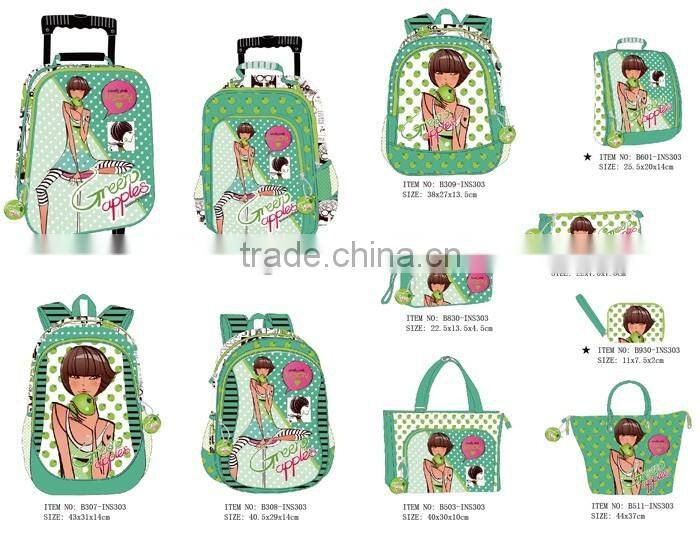 Green Apple Satin Fabric Children Travel Trolley Luggage Bag For Sale