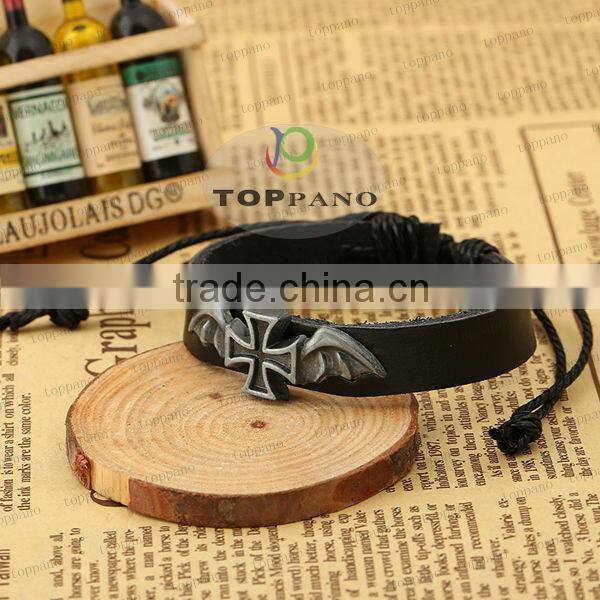 hot sale charming design black leather bracelet metal angel charm