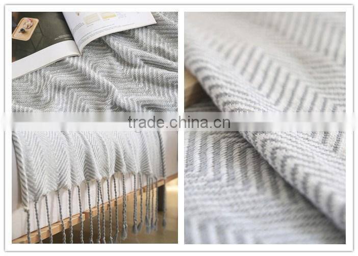 Cozy Cotton Cable Knitted Couch Cover Sofa Throw Blanket Wave Pattern Design with Tassels, Grey, 47*70"
