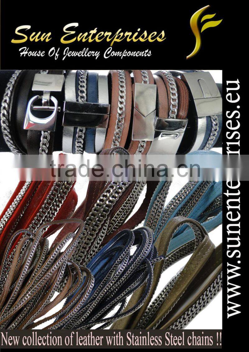 Leather With Chain -Eco leather with Silver ball chains-10mm- Beige