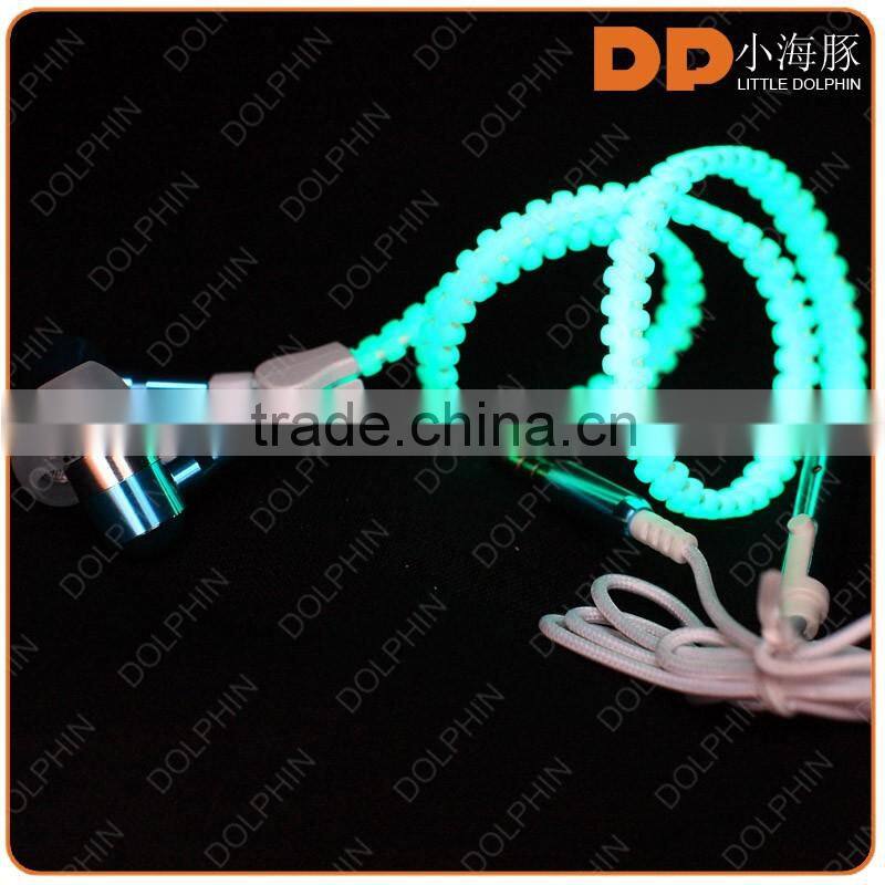 zipper stype glow in the dark metal earphone with microphone