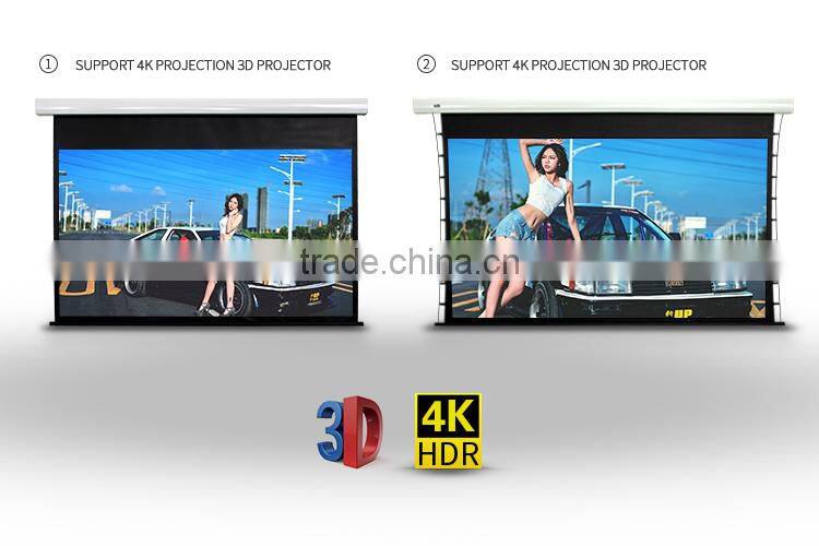 Projection screen roll up tab tensioned electric motorised projector screen