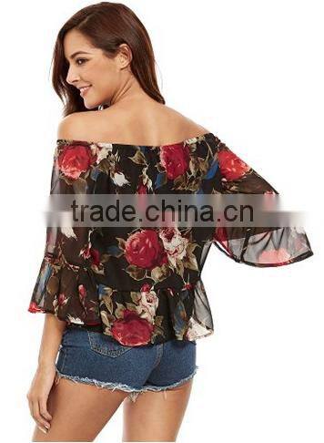 Women's Casual Floral Off Shoulder Chiffon Blouse Top