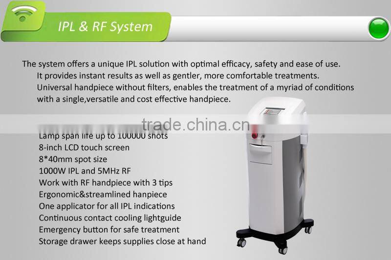IPL machine,continuous contact cooling lightguide,work with RF handpiece with 3 tips