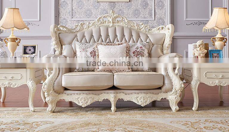 Living room sofa ivory color solid wood hand carved genuine leather 1+2+3 sofa set