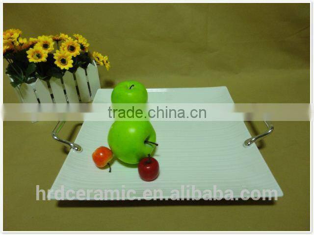 Stocked cheap printing ceramic divided plate with handles