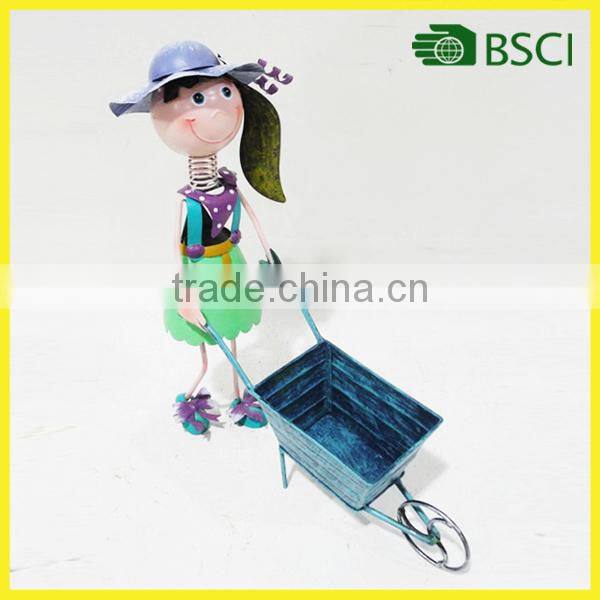 Metal girl doll with cart flower pot for garden decoration