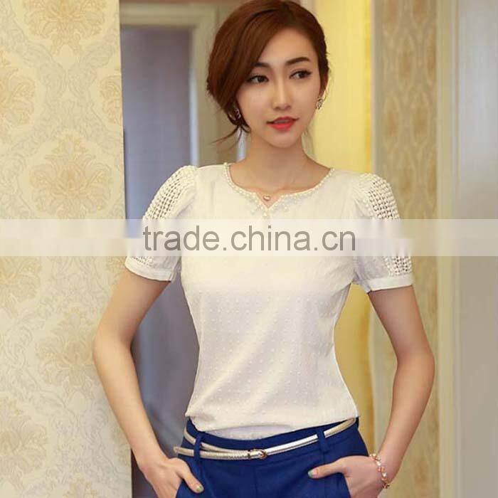 2015 Lady Women Clothing Short Sleeve Shirt O Neck Doll Chiffon Lace Blouse Tops Plus Size XXL