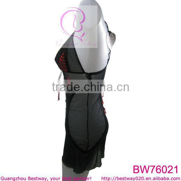 Fantacy sexy women black transparent lingerie with red ribbon