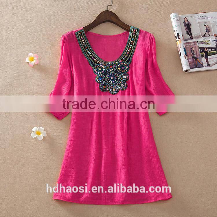 Hotsale O-neck Printed Retro Vintage Bohemian Loose Casual Chiffon shirts Blouse top clothing for women