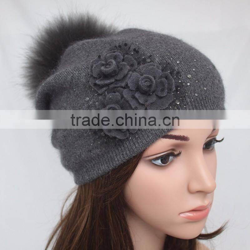 Myfur Elegant Women Flower Cashmere Wool Knit Beanie with Soft Fox Fur Pom Pom