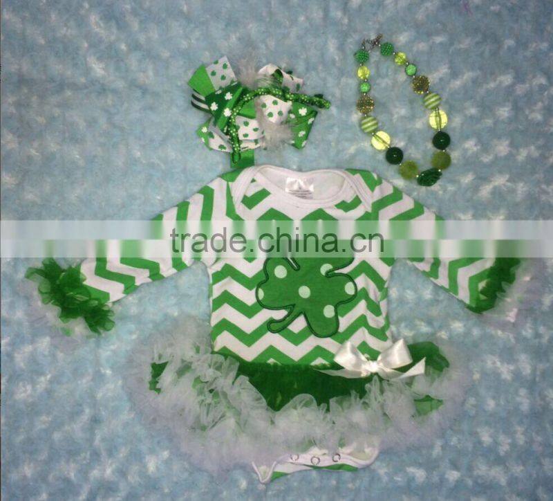 2015 new baby girls shamrock clover st.patrick romper tutu dress with macthing necklace and bows 3 pieces set
