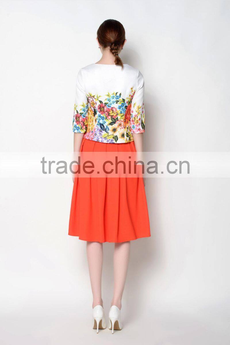 hot sell o neck floral half sleeve latest skirt and blouse for women