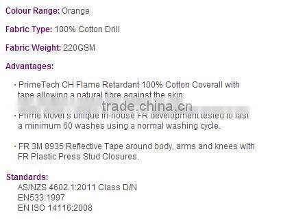 EN 533 AS/NZS 100%cotton drill fire resistant coveralls/clothing