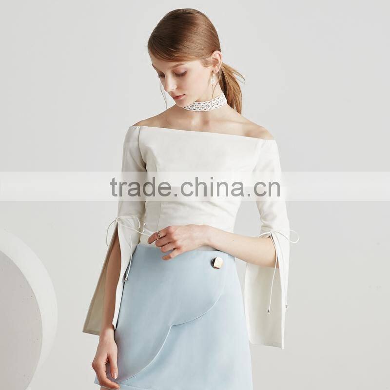 trumpet sleeve round neck casual fashion lady blouse for wholesale