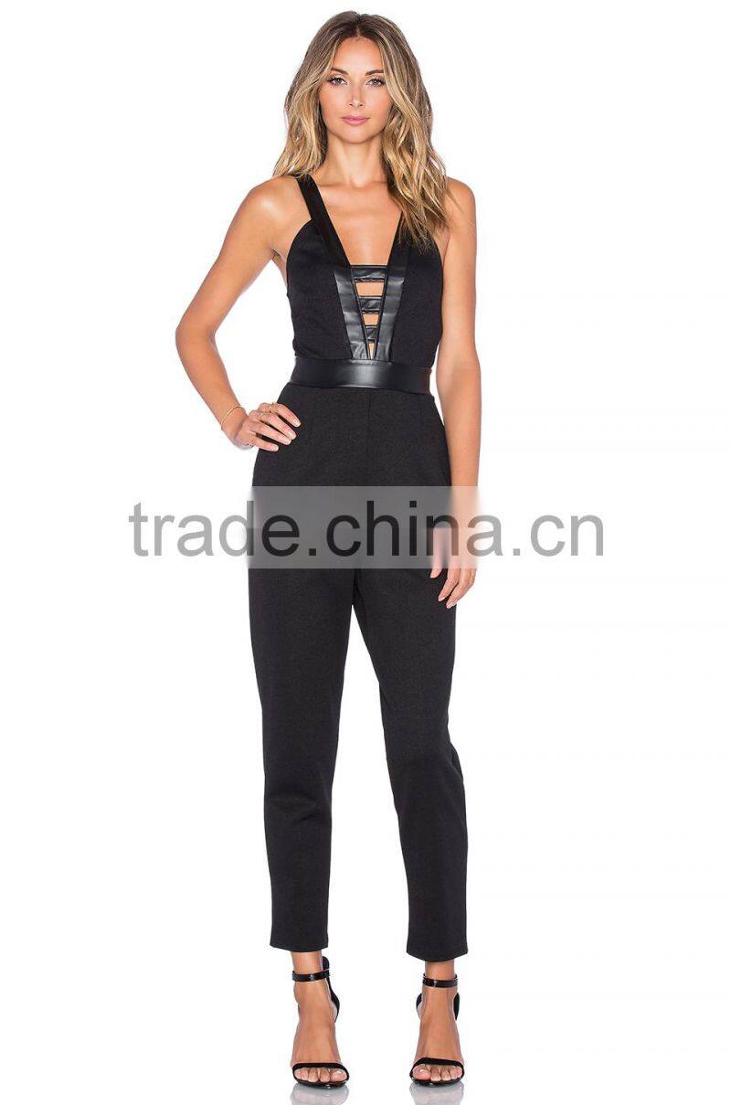 Black Plunging V Neck Sleeveless Jumpsuit for Women 2015