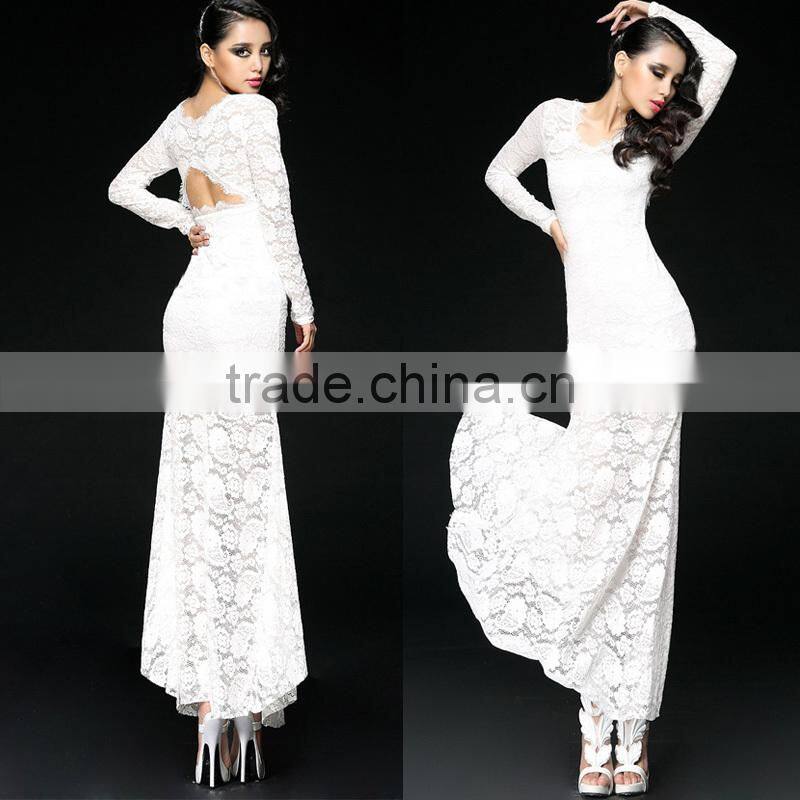hot selling new designed long sleeve lace evening gown back open ladies bodycon design long sleeve lace evening gown