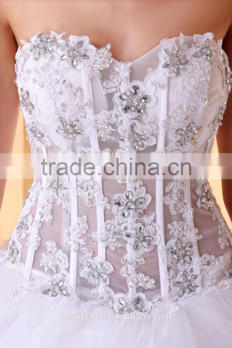 A-line Wedding Dress Open Back Floor-length Strapless Lace Tulle with Lace bridal gown P001