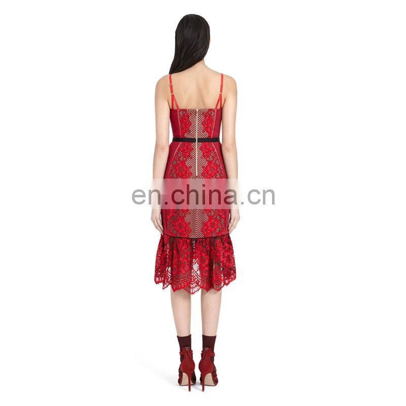 beautiful red lace hollow out sleeveless dresses for wedding dress