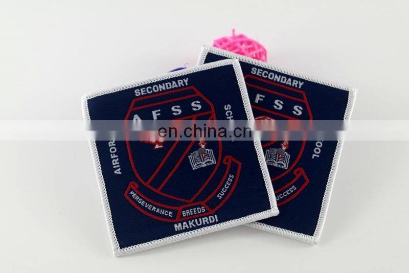 die-cut shape beatiful white background school woven badge customized cheap woven badge for kids personal woven badge for cloth