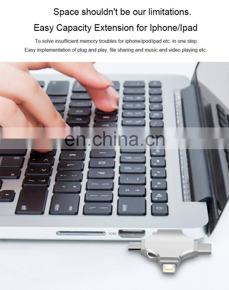 USB 2.0 Flash Drive Metal USB Memory Stick Drive FOUR Functions in One U Flash Disk for iPhone/iPad/android/PC