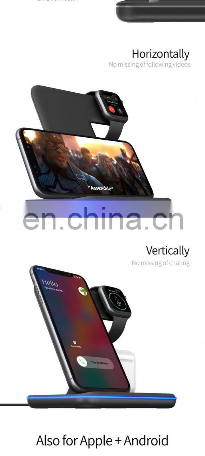 Newest 2020 shenzhen universal wireless charger usb hub fast sucker Watch mobile phone headset 3 in 1 in car wireless charger