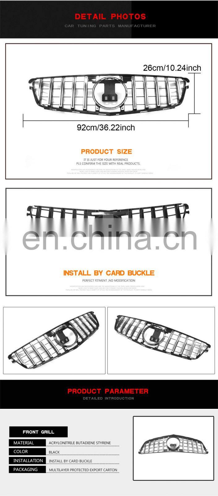 Silver W204 GTR Front Grille for Mercedes Benz C180 C200 C250 C300 C350 Sport Sedan 07-13