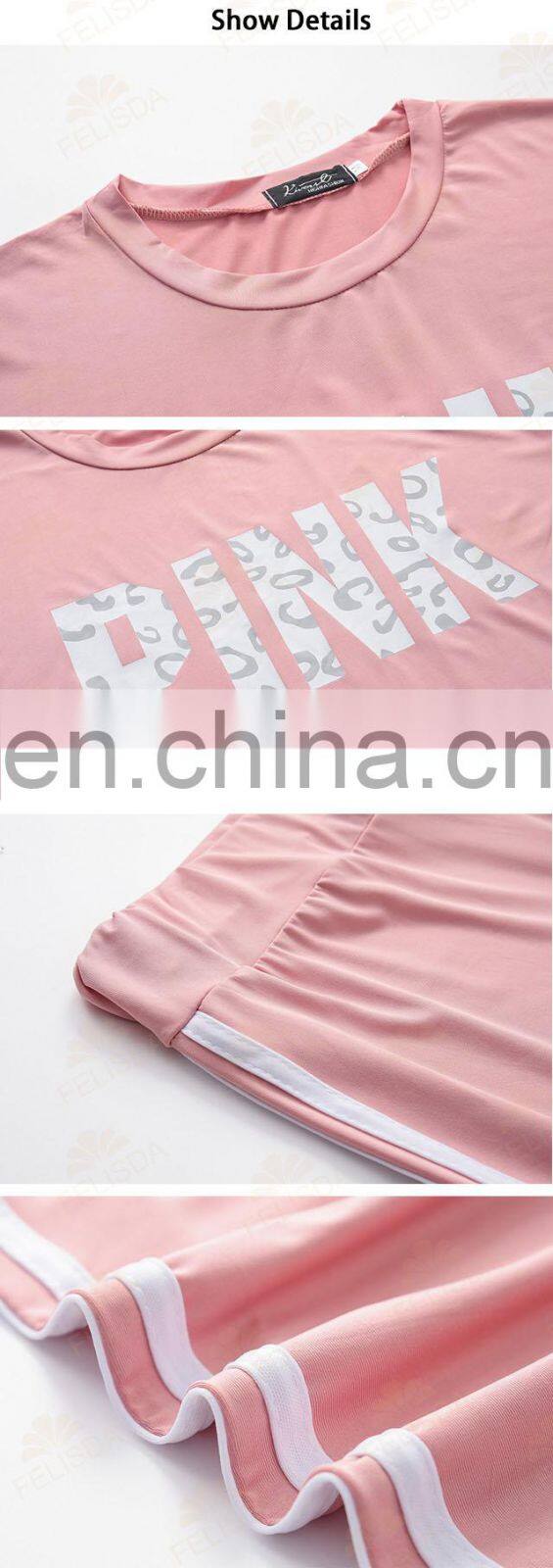 Custom Pink Letter Print Sweatsuit Women Set Plus Size Set Short Sleeve Tops Skinny Pant Tracksuit Fall Casual 2 Piece Set