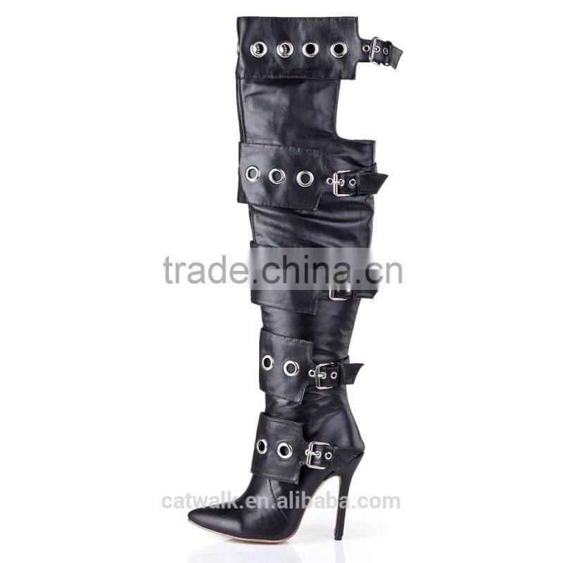 Over the knee lace up boots front round metal embelished thigh high boots cut out knee high gladiator boots