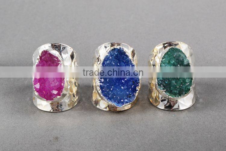 Fashion agate druzy ring cuff with silver electroplating, Natural agate drusy band ring