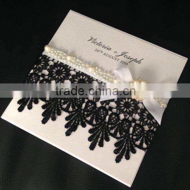 Acctractive silk tie lace edge wedding invitation cards with pearl decoration