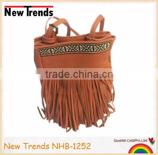 Brown PU tassels bag with aztec edge