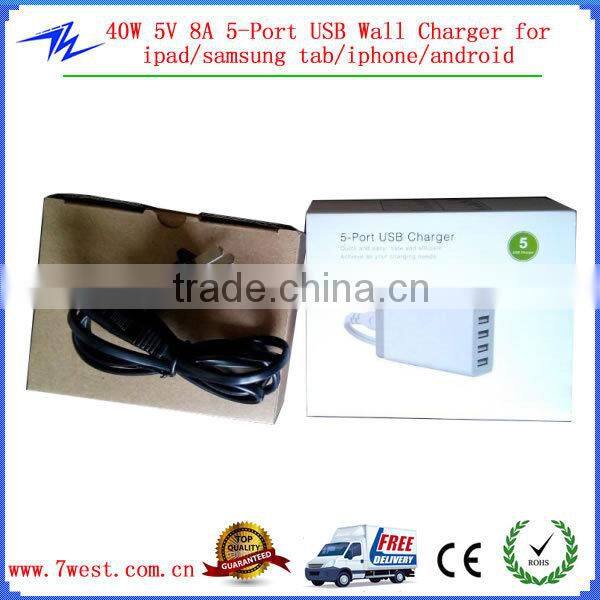 Customized 40W 5V 8A 5 Port Desktop Charger USB Wall Charger for ipad,iphone,android,samusung tab
