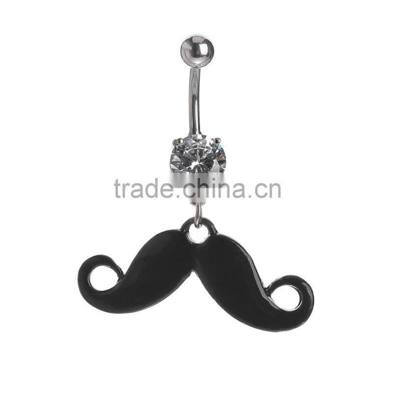 Black Plated Movember Moustache Zircon Inlay Dangle Belly Button Naval Ring.