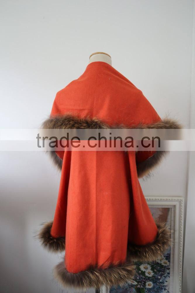 Glamour Style Cashmere Shawl Fluffy Raccoon Fur Trim Pashmina Cape Poncho