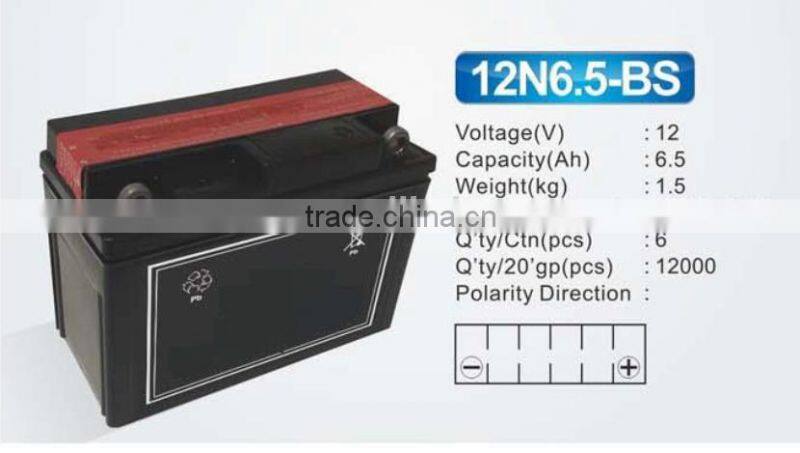 Dry charged motorcycle battery 138*65*100 12v 6.5ah motorcycle battery
