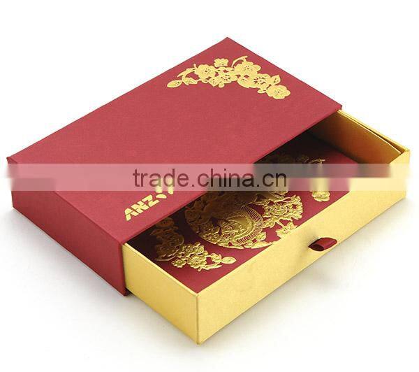 Custom Logo Gold Stamping Drawer Fabric Fancy Paper Red Packet Box with Lid Ribbon
