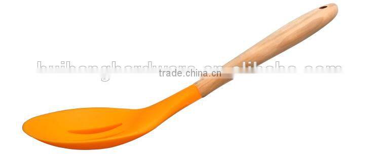 F01-7 silicone slotted spoon, silicone slotted soup spoon with wooden handle