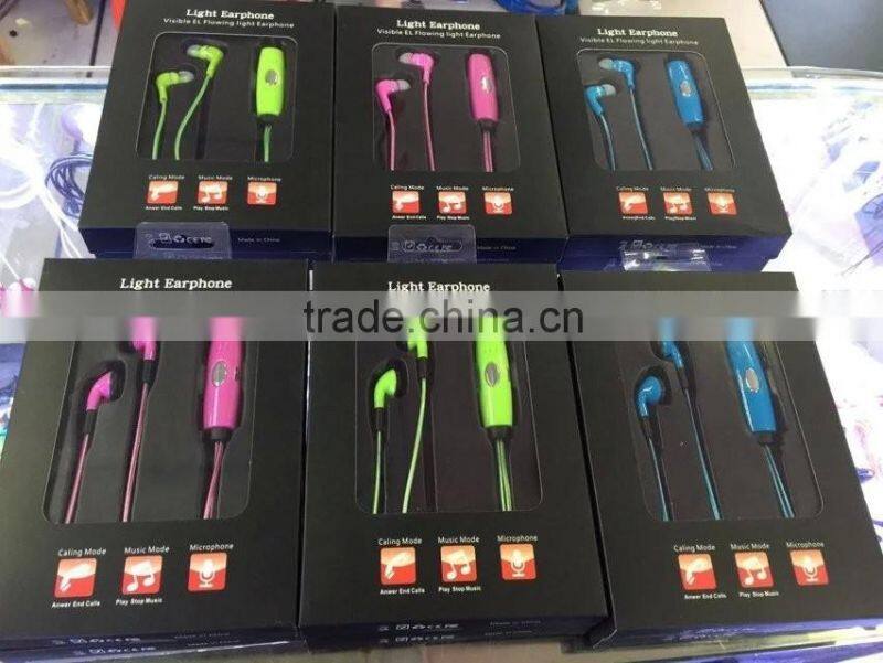 flat cable earphone with mic shiny earphone with led line