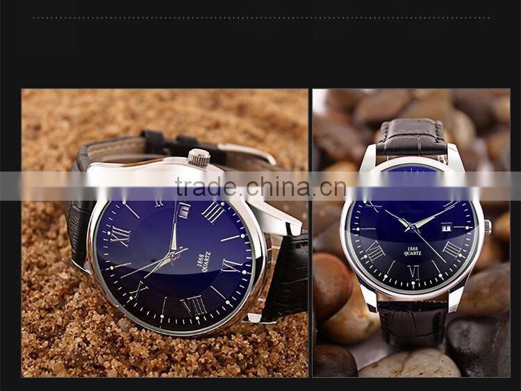 High class bule dial alloy case genuine leather band with night view men fashion watches
