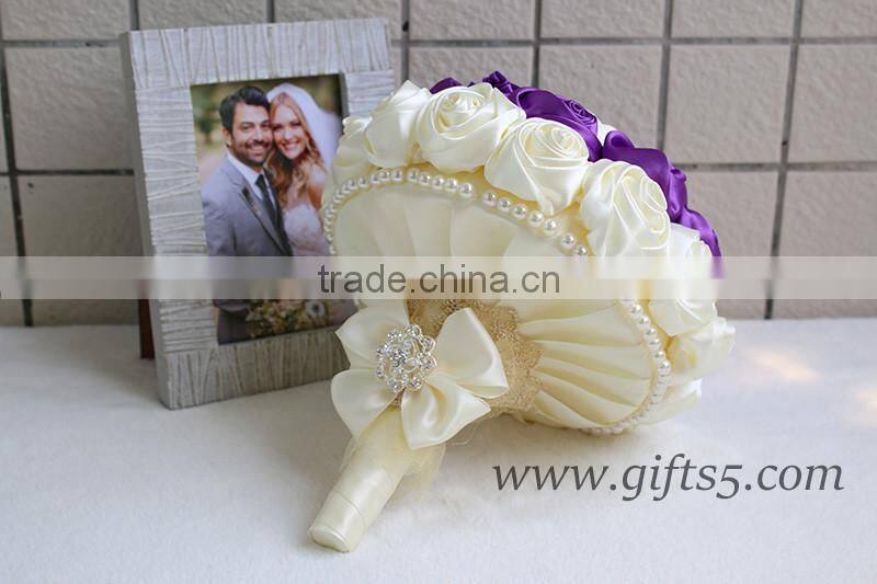 Elegant Purple Satin Ribbon Pearls Bridal Bouquet Bridesmaids Bouquet Wedding Flowers