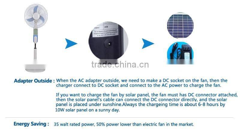 Elegant solar AC charging fan 16inch standing battery charger fan